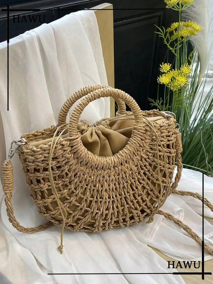 1pc Half-Moon Hollow Out Handbag, Fashionable Beach Vacation Straw Woven Bag, Vacation Bag For Summer, Perfect For Beach Vacatio mbzr
