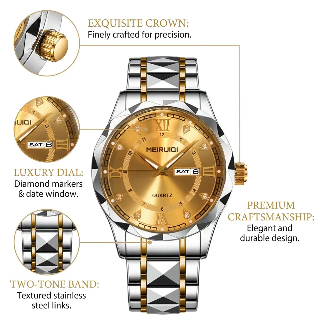 1pcs Men's Gold Alloy Band Luxury Business Calendar Quartz Watch for Party Holiday Gift mbzr