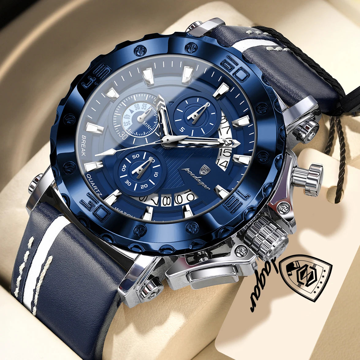 POEDAGAR Original Watches For Man Waterproof Luminous Date Fashion Male Clock Chronograph Leather Quartz Sports Men's Wristwatch Big Dial Male Reloj