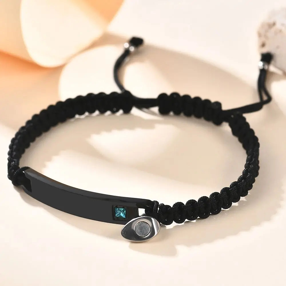 Fashion Custom Couple Stainless Steel Bracelet Set Black Woven Heart Magnetic Suction Diamond Inlaid Bracelet for Women Jewelry