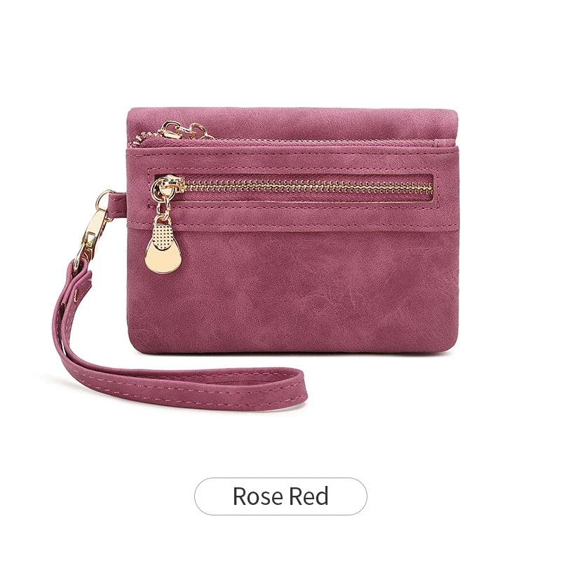 Retro double  fold PU leather short wallet with zipper coin pocket  multiple card slots and wrist band casual portable card clip mbzr