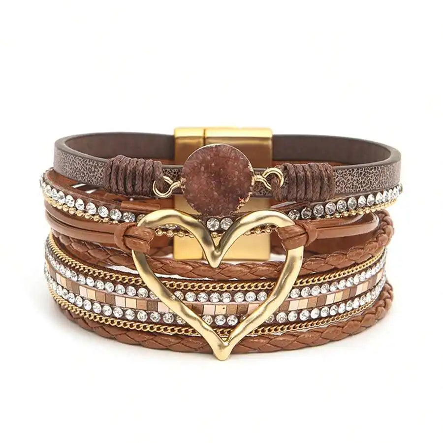 Layered PU Leather Heart Charm Wrap Bracelet With Magnetic Closure For Women, Boho Style, All Season Accessory mbzr