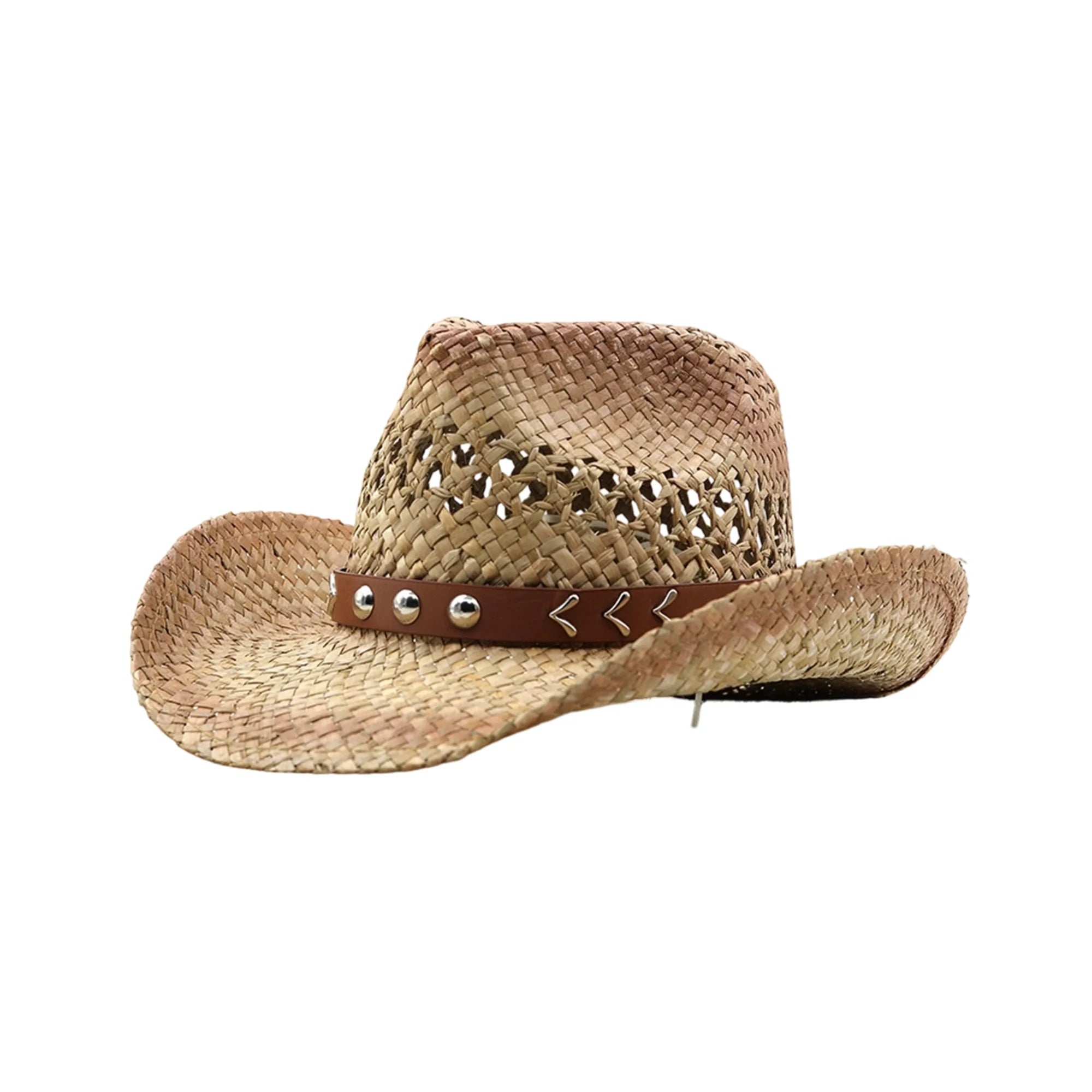 Vintage Cowboy Hat Wide Brim Western Straw Hat with Studded Belt Classic Style
