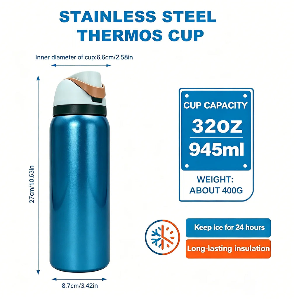 Owalaa frozen blue 32oz/945ml stainless steel insulated water bottle with straw,for daily sports outdoor,perfect gift mbzr