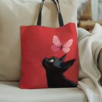 1pc Kitten and Butterfly Canvas Tote Bag - Durable Polyester, Rectangular Shape, Perfect for Shopping & Everyday Use mbzr