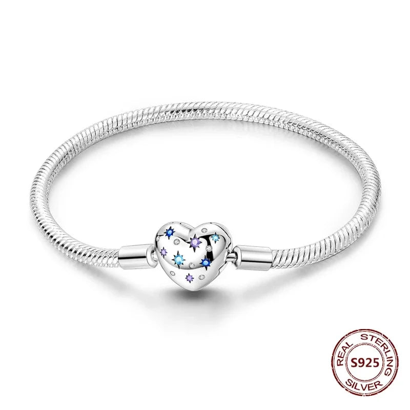 Silver 925 Bracelet Original Bracelets Colorful Zircon Heart Flower Cat Snake Chain For DIY Charms 17-20CM Luxury Jewelry Gifts mbzr