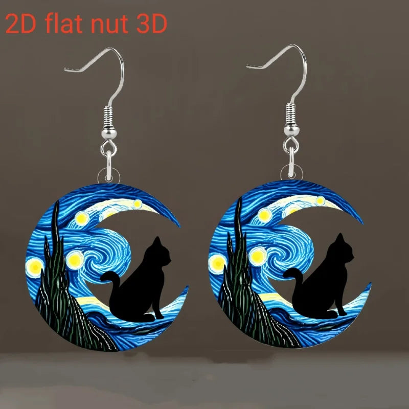 1 pair of Van Gogh starry sky pattern acrylic earrings, moon black cat unique ladies earrings