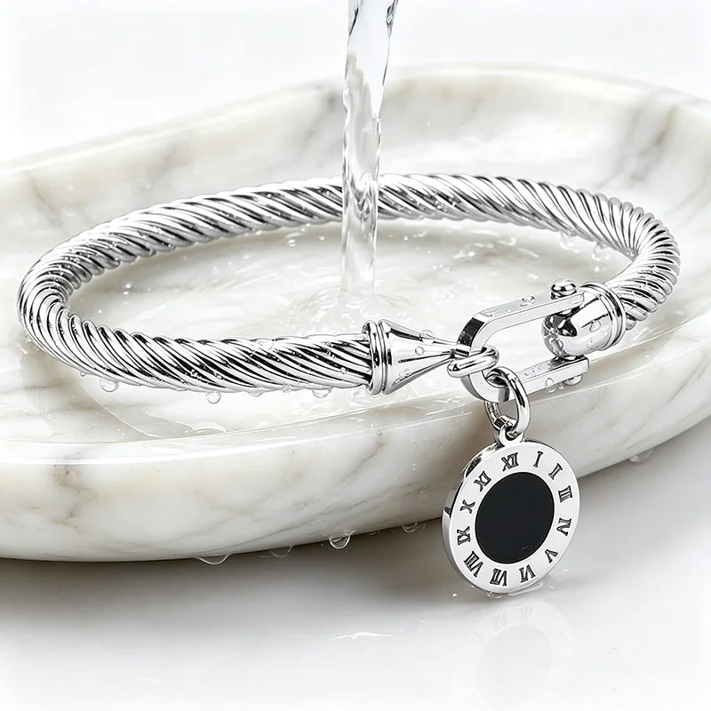 316L Stainless Steel Twisted Cable Bangle Roman Numeral Pendant Round Charm Bracelet Waterproof Hypoallergenic Fade Resistant Women Jewelry