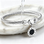 316L Stainless Steel Twisted Cable Bangle Roman Numeral Pendant Round Charm Bracelet Waterproof Hypoallergenic Fade Resistant Women Jewelry