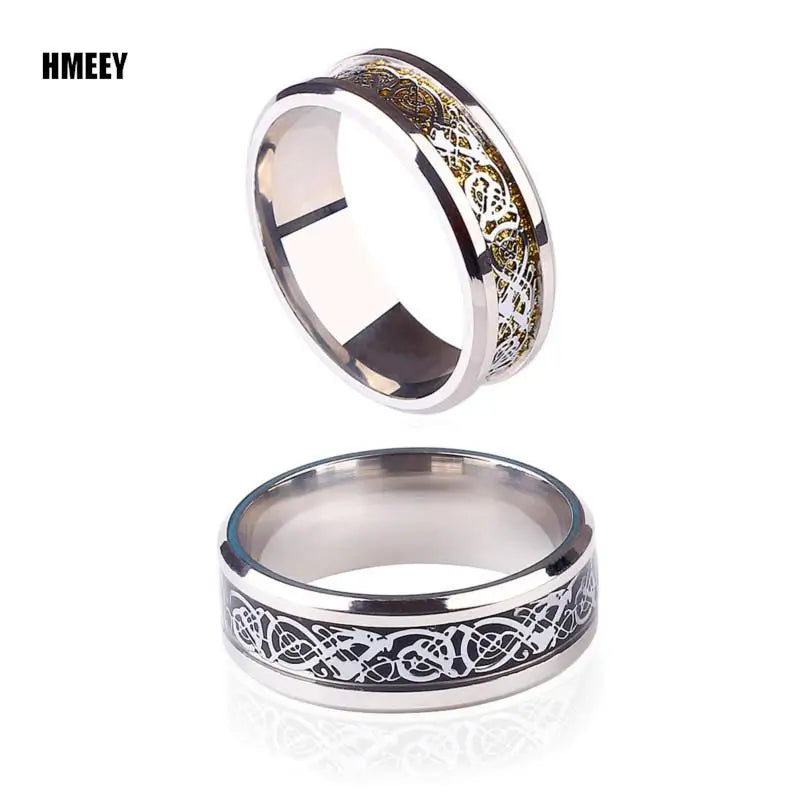 Fashion Men Gold Color Stainless Steel Celtic Dragon Ring Inlay Black Carbon Fiber Ring