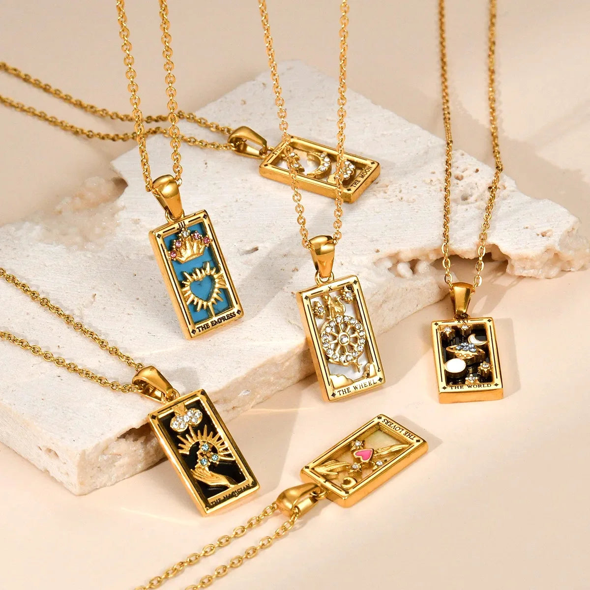 YILUOCD Original Zirconia Tarot Card Necklace Classic Tarot Queen Lover Magician Moon Wealth Amulet Stainless Steel Jewelry