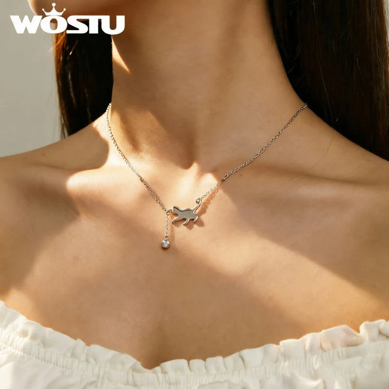 WOSTU 100% 925 Sterling Silver Playful Cat Pet Chains Pendant Necklace For Women Luxury Brand Jewelry