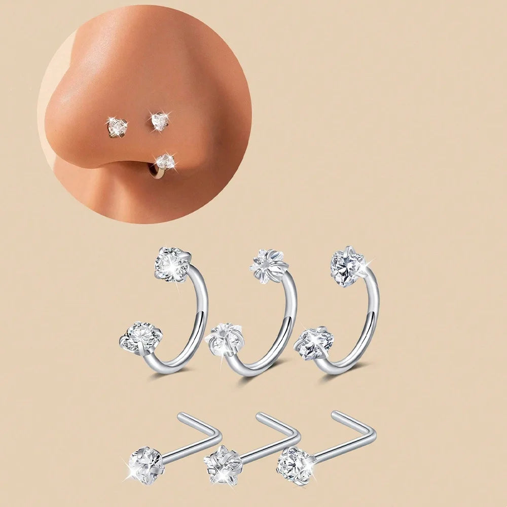 6/2pcs Horseshoe Nose Rings With L-Shape Nose Stud, Stainless Steel Rianbow CZ Nose Ring,, Lip Eyebrow Helix Ear Piercing mbzr