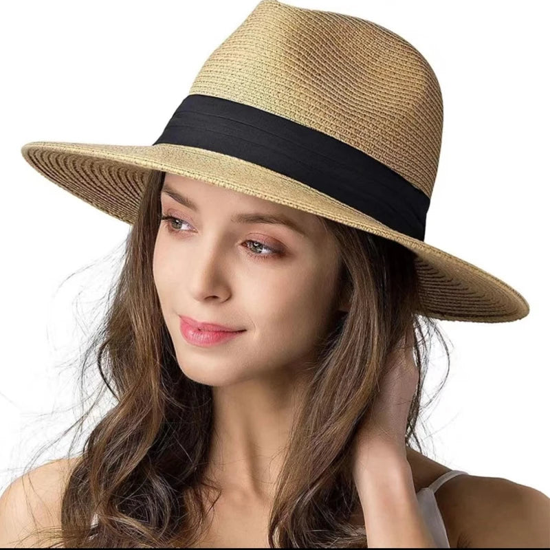 Natural Panama Summer Straw Hat Summer Wide Brim Beach UV Protection Fedora Sun Hat