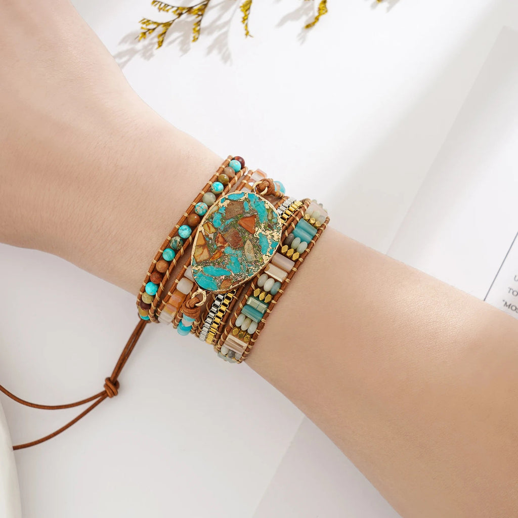 Boho Handmade Natural Stone Beaded Bracelets Turquoise Blue Jasper Hematite Crystal 5 Wraps mbzr
