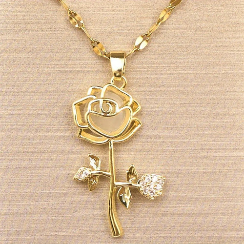 1pc romantic rose pendant necklace elegant-inlaid with titanium stainless steel chain delicate flower jewelry ladies Valentine's Day gift daily stacking.