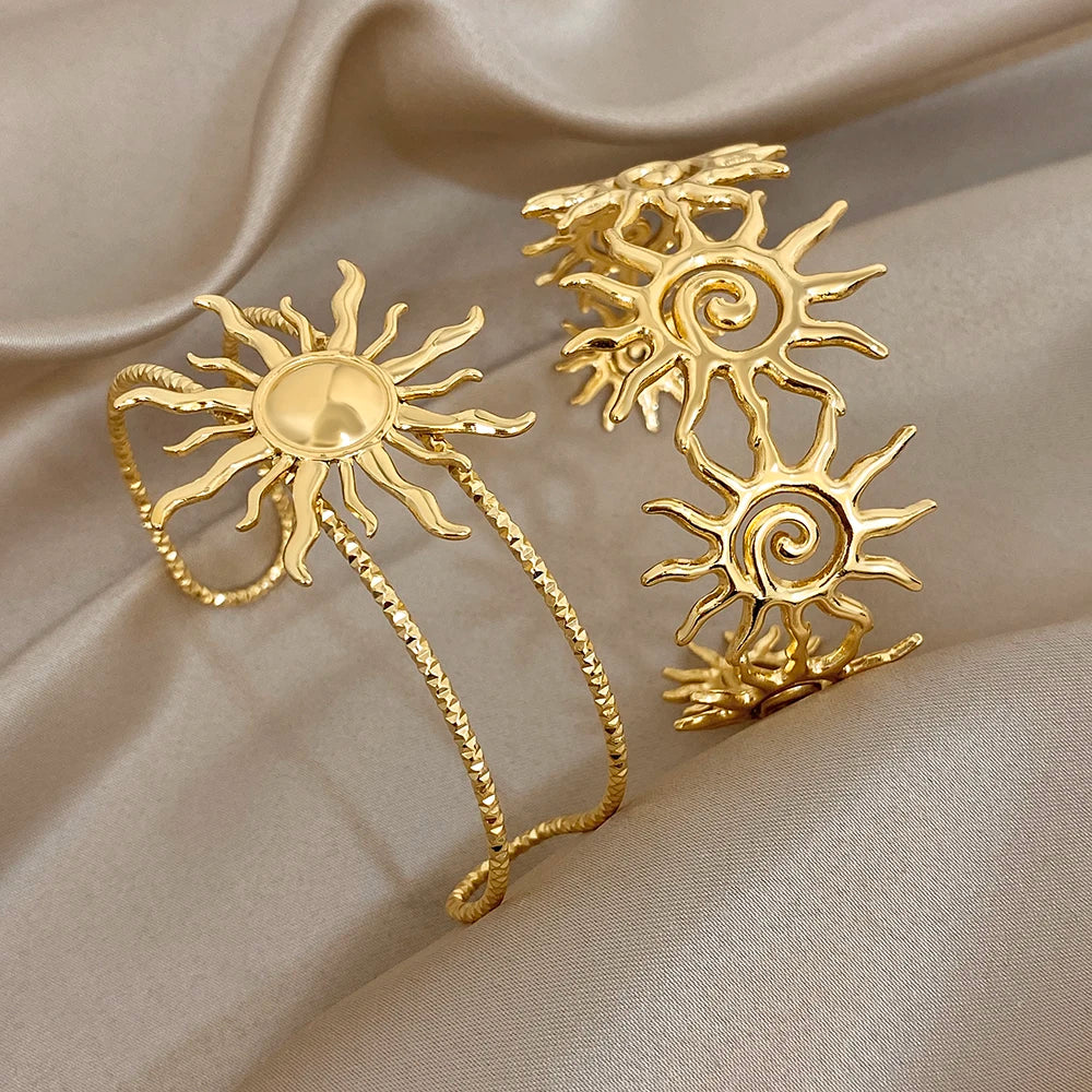 316L Stainless Steel Sunflower Open Cuff  Bangles Bracelet Y2K Gold Plated Waterproof Charms Jewelry Women's Men Gifts