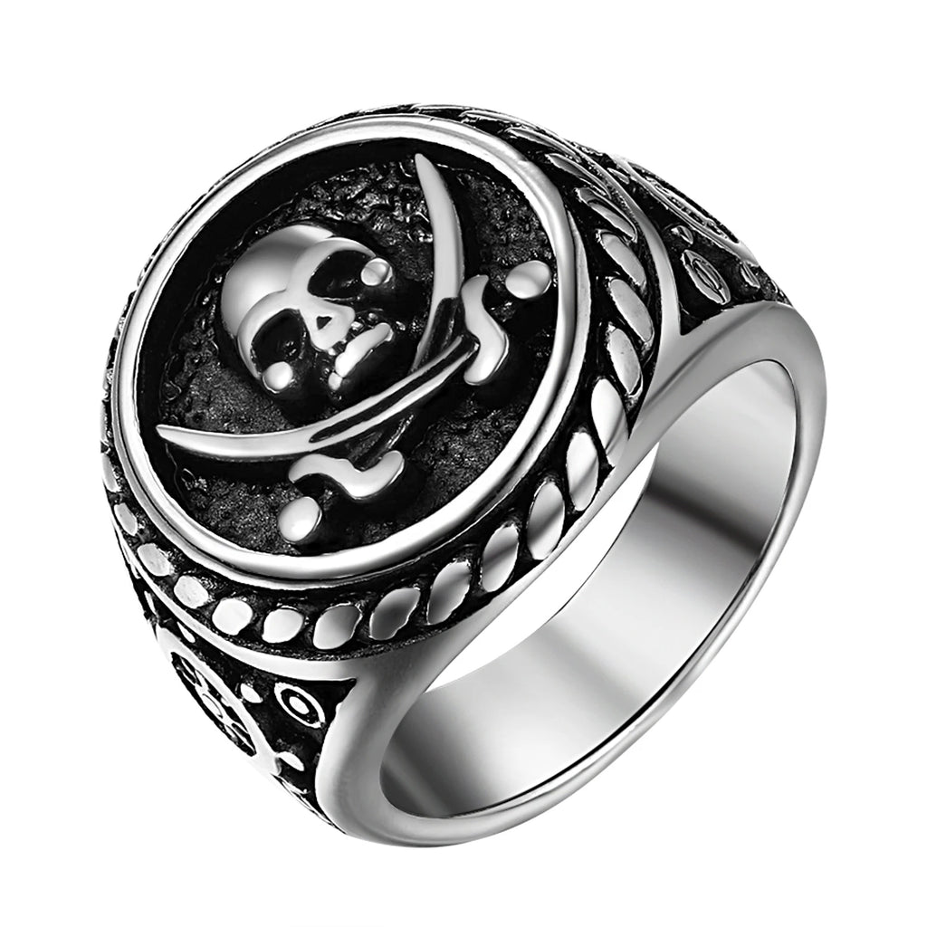 BONISKISS Vintage Pirate Signet Double Knife Death Skull Rings Men's Stainless Steel Biker Amulet Jewelry Gift Drop Shipping