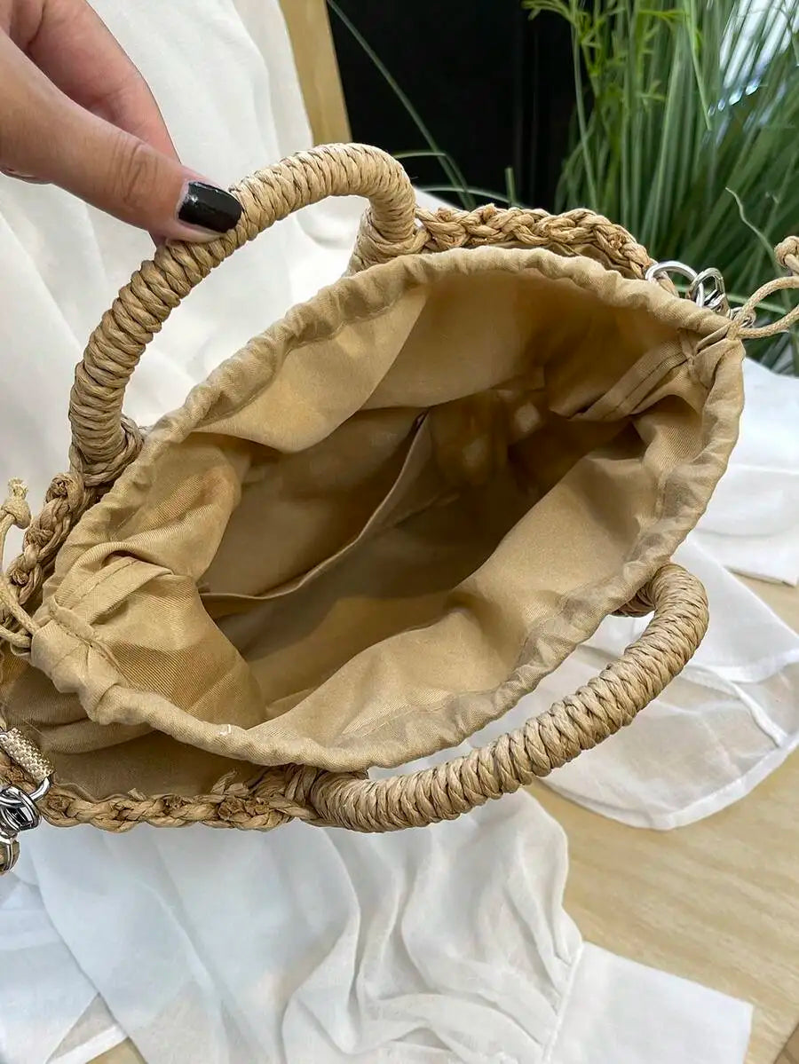 1pc Half-Moon Hollow Out Handbag, Fashionable Beach Vacation Straw Woven Bag, Vacation Bag For Summer, Perfect For Beach Vacatio mbzr
