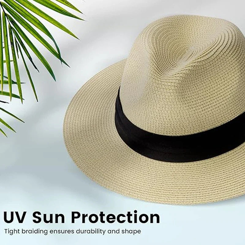 Summer Beach Woven Sun Hats Plus Size Jazz UV UPF 50+ Sun Protection Travel Panaman Straw Hats Unisex