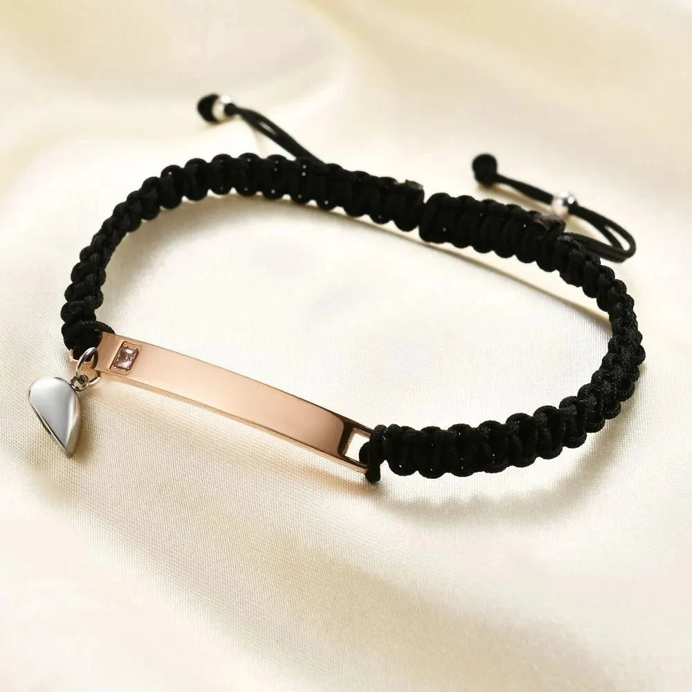 Fashion Custom Couple Stainless Steel Bracelet Set Black Woven Heart Magnetic Suction Diamond Inlaid Bracelet for Women Jewelry