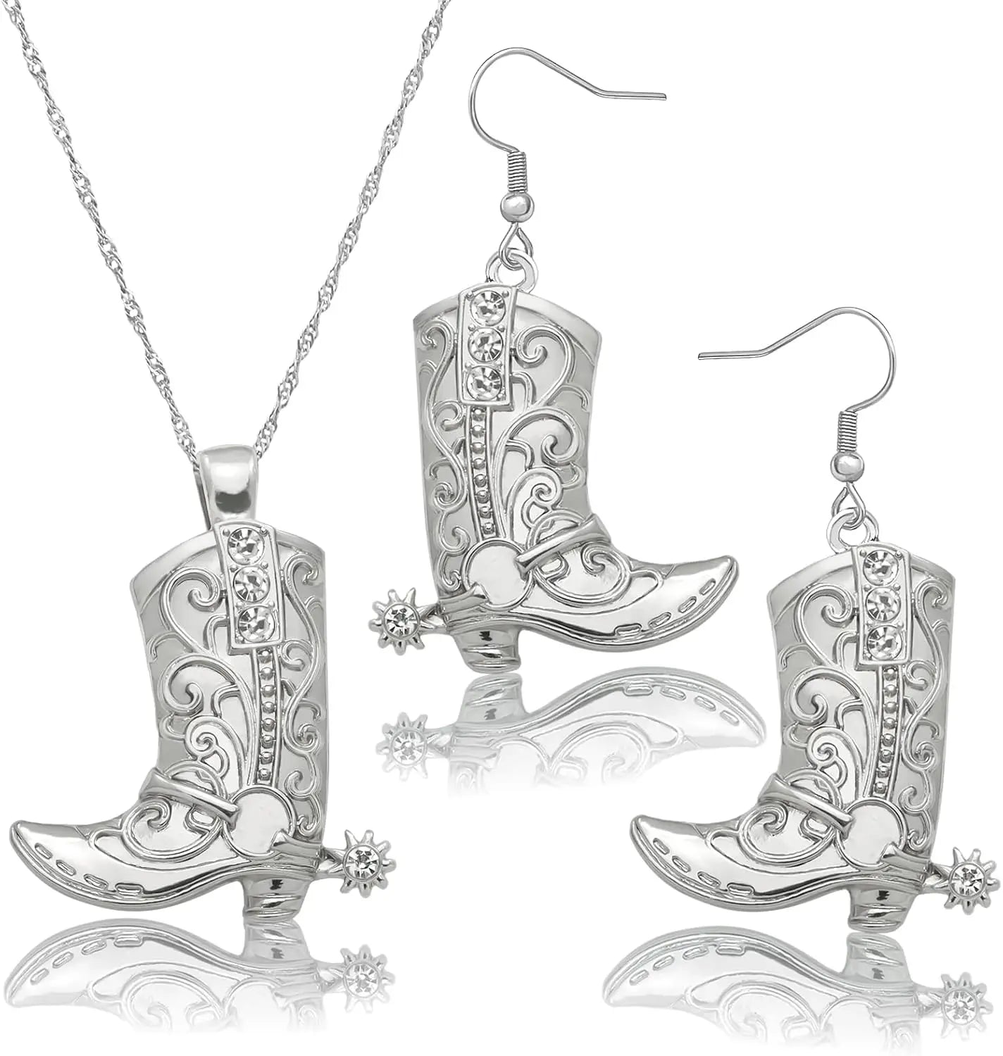 RechicGu Western West Cowgirl Cowboy Texas Boots Earrings Necklace Set, Spur Rodeo Drop Dangle Boots Earrings,Twist Link Chain Necklace with Boot Pendant,Jewelry Set