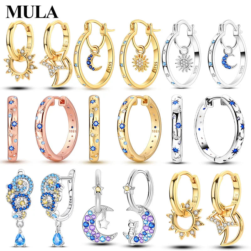 MULA 925 Sterling Silver Sun Moon Stars Hoop Earring For Women Classic Simple Fashion Sparkling Earring Anniversary Jewelry Gift