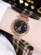 1pc Magnetic Buckle Round Quartz Watch For Women & 1pc Heart Shaped Bracelet Valentines