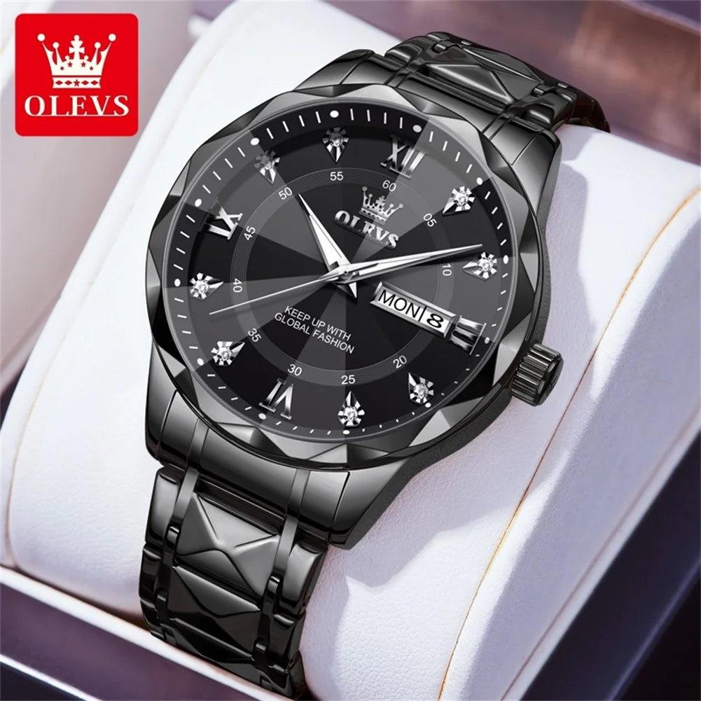 OLEVS 5609 Brand Original Quartz Movement Watch For Men Big Diamond Dual Calendar Dial Steel Bracelet HD Luminous Function 30m Waterproof Watch
