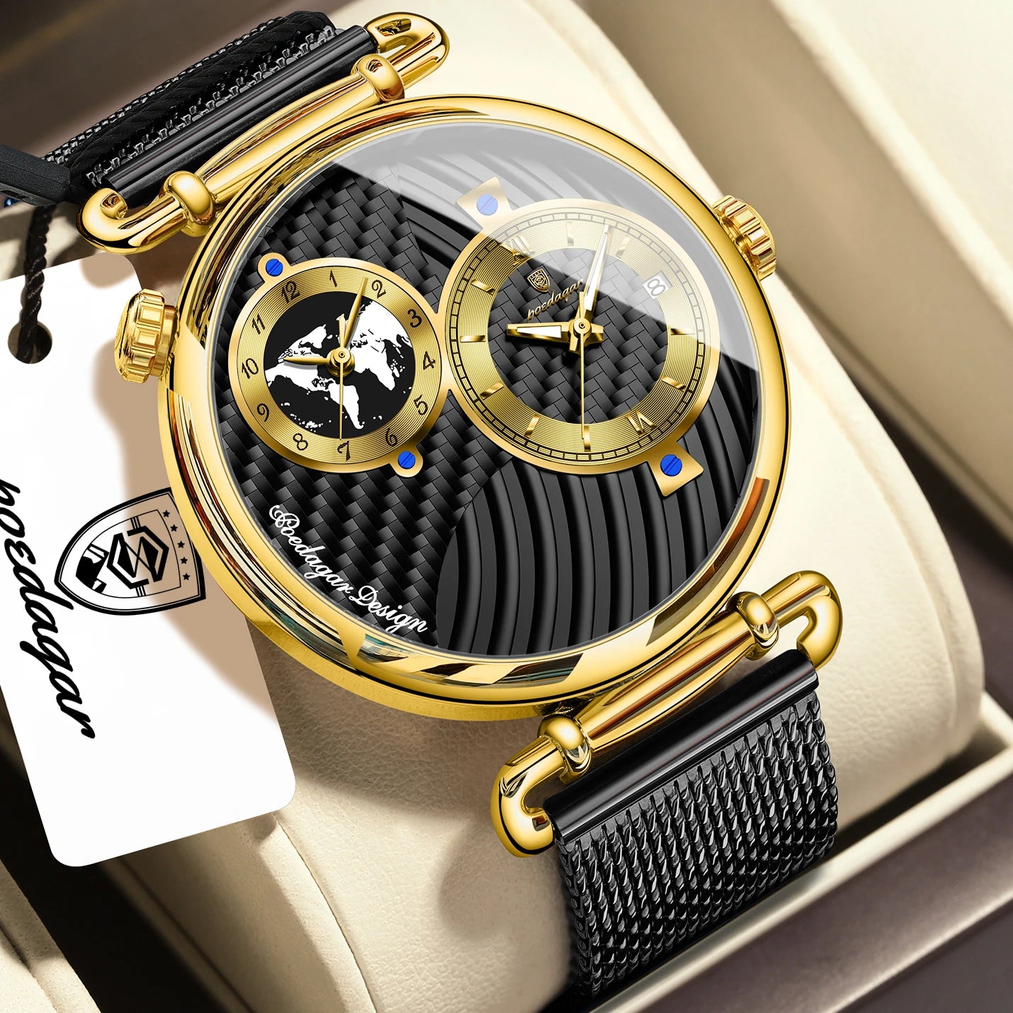 POEDAGAR Original Fashion Man Wristwatch Multiple Time Zone Display Waterproof Calendar Men Watch Mesh Stainless Steel Quartz Business Men's Watches Reloj