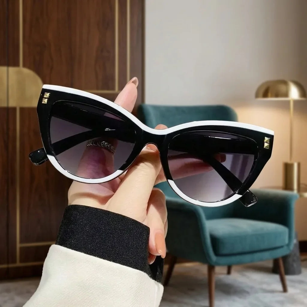 Two-Tone Black & White Cat Eye Sunglasses Retro Contrast Rim Gradient Gray Lens Fashion Small Cateye Shades UV Protection Eyewear for Women Streetwear