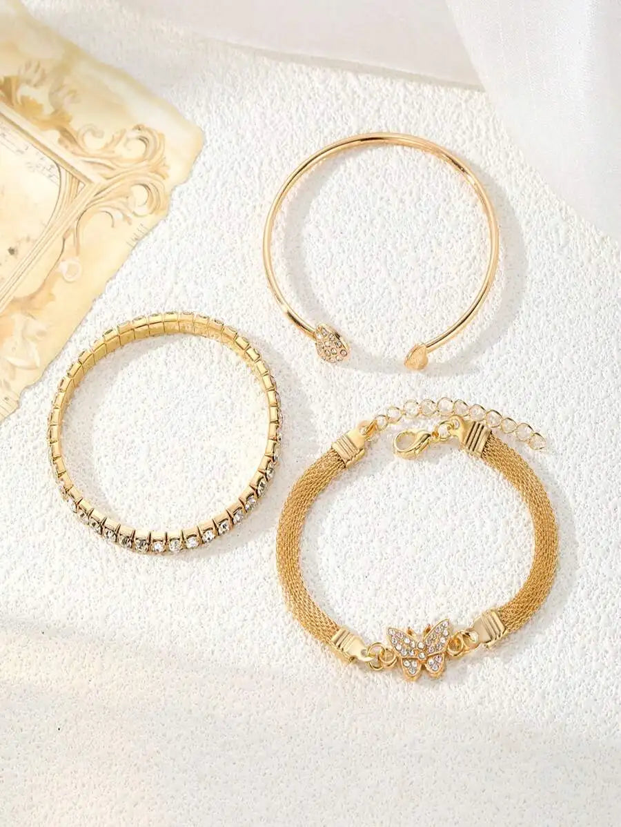 3pcs/Set Luxury Fashion Minimalist Personalized Rhinestone Butterfly & Heart Layered Bangle Bracelet, High-End Accessory Set For