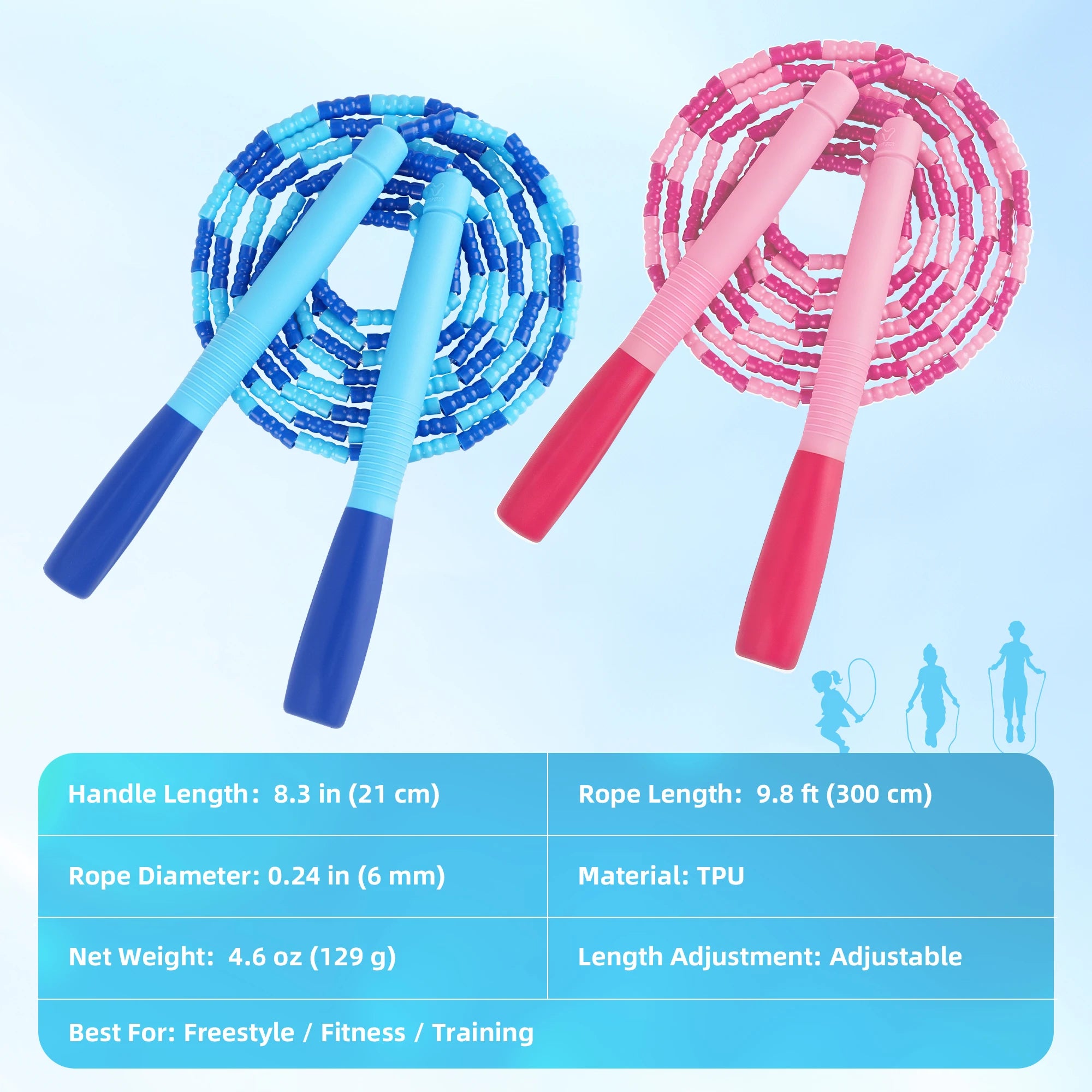 YUEDONG Adjustable Anti-Tangle TPU Beaded Jump Rope for Kids & Adults, 2.8m Length Two-Tone Fitness Skipping Rope for Rhythm Training & Beginner Workouts mbzr