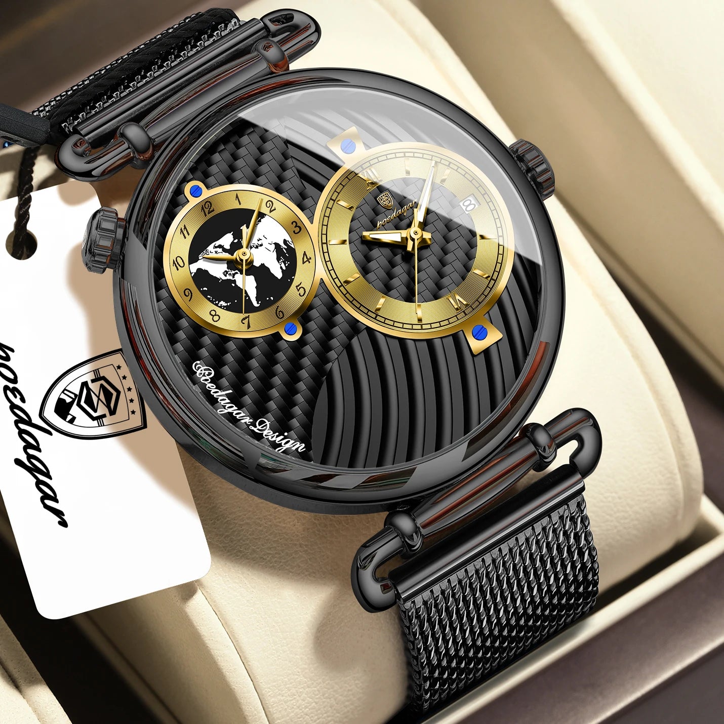POEDAGAR Original Fashion Man Wristwatch Multiple Time Zone Display Waterproof Calendar Men Watch Mesh Stainless Steel Quartz Business Men's Watches Reloj