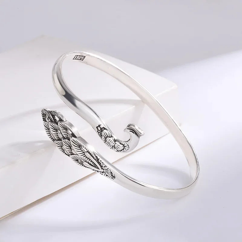 Ethnic Style Retro Thai Silver Exquisite Hollow Peacock 925 Sterling Silver Personality Animal Opening Antique Design Bracelets mbzr