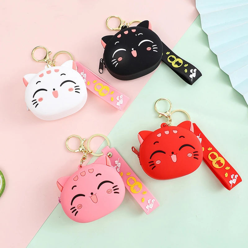 Portable Data Cable Earphone Organizer Coin Key Pouch Cute Cartoon Cat Silicone Coin Purse with Keyring Kawaii Kids Coin Bag