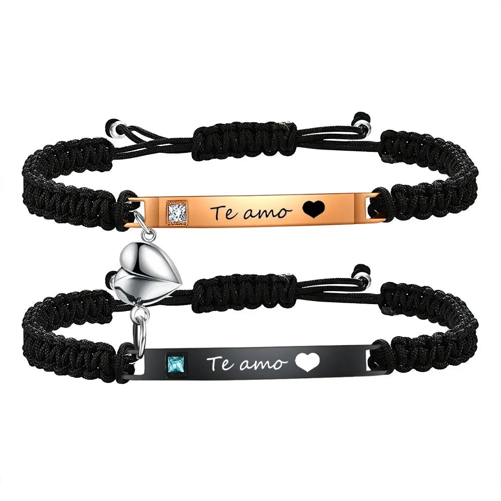 Fashion Custom Couple Stainless Steel Bracelet Set Black Woven Heart Magnetic Suction Diamond Inlaid Bracelet for Women Jewelry