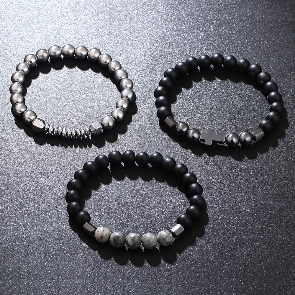 Women's UFO shaped cross black gallstone vintage bracelet with map stone   elastic cord   obsidian   luxury collectible