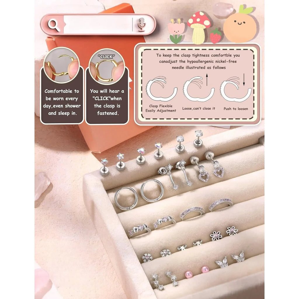 14 Pairs Hypoallergenic Flat Back Earrings for Women-Surgical Stainless Steel Earrings for Sensitive Ears-Cute Flatback Stud Earring Set Small Hoops Cartilage Earring Stacks