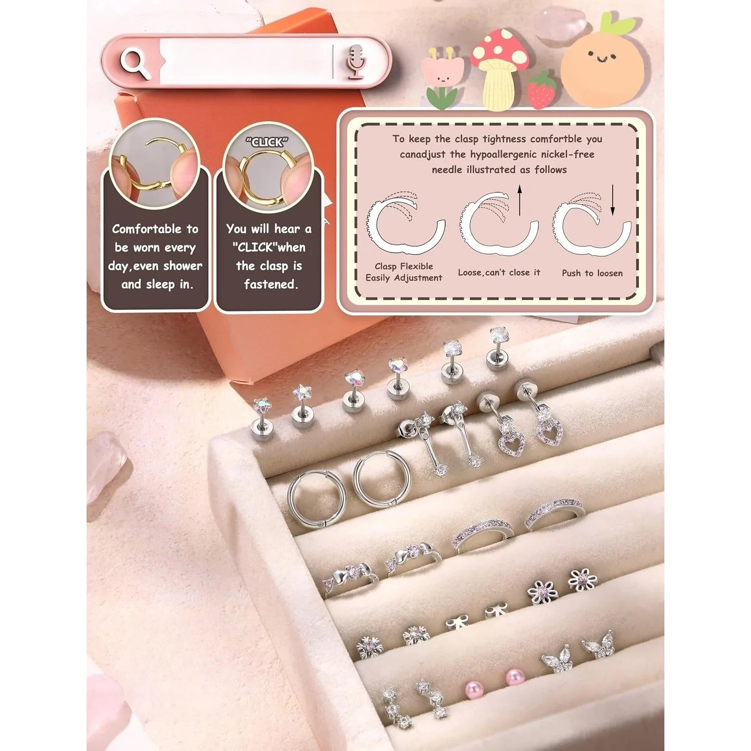 14 Pairs Hypoallergenic Flat Back Earrings for Women-Surgical Stainless Steel Earrings for Sensitive Ears-Cute Flatback Stud Earring Set Small Hoops Cartilage Earring Stacks