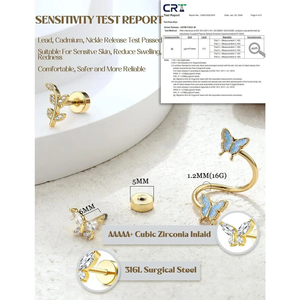 9Pcs 16G Cartilage Earrings Helix Earrings for Women Stainless Steel Helix Piercing Jewelry Leaf Butterfly CZ Studs Flat Back Cartilage Earrings Set