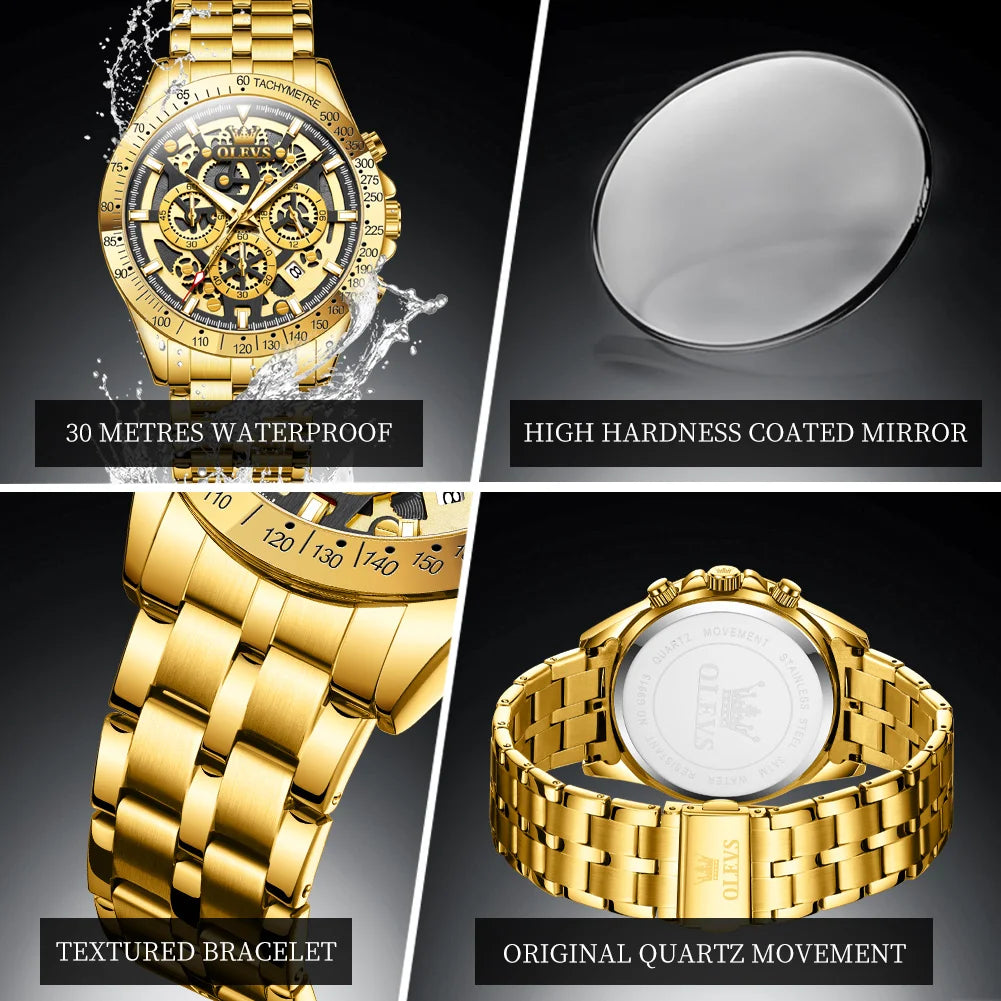 OLEVS Lxuxry Brand Gold Men's Watches Full Skeleton Stainless steel Chronograph Wristwatch Waterproof Luminous Quartz Watch Men mbzr