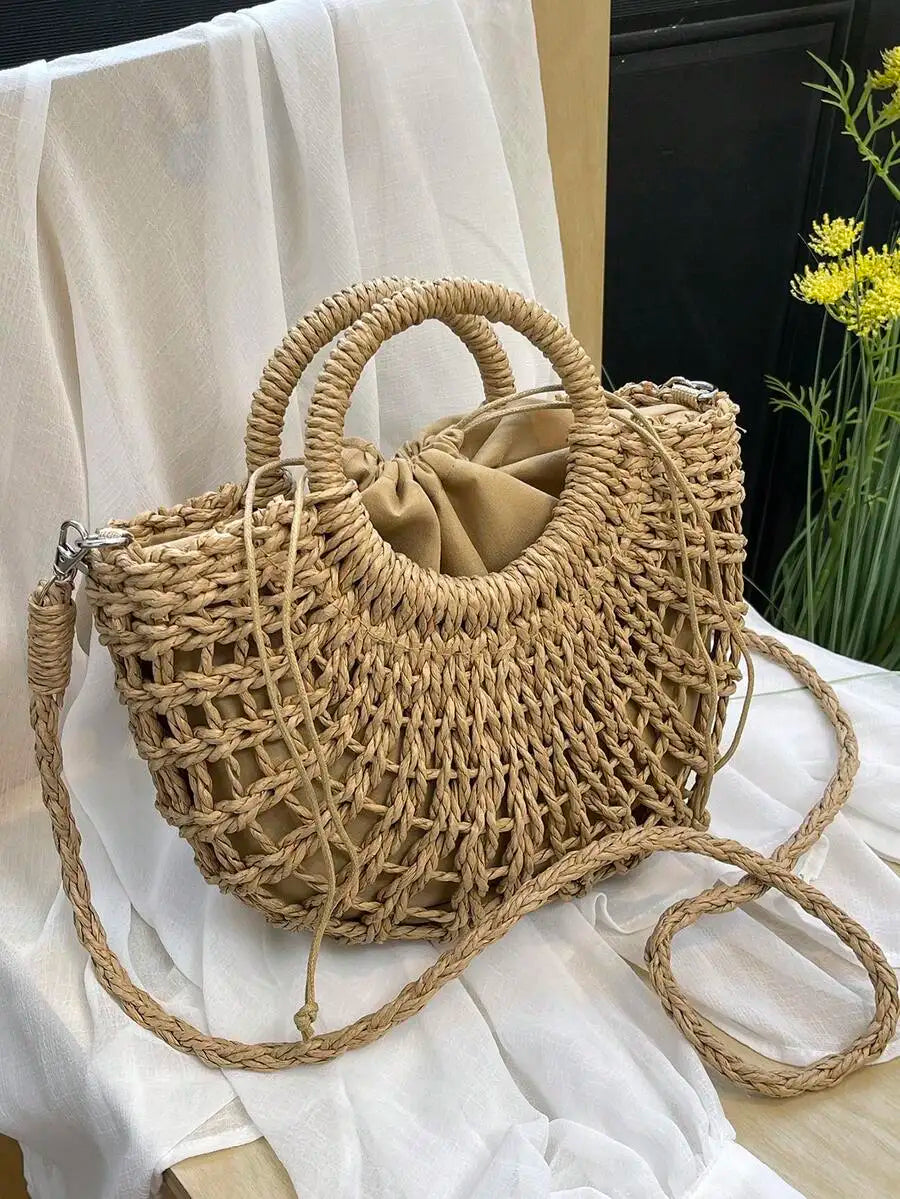 1pc Half-Moon Hollow Out Handbag, Fashionable Beach Vacation Straw Woven Bag, Vacation Bag For Summer, Perfect For Beach Vacatio mbzr