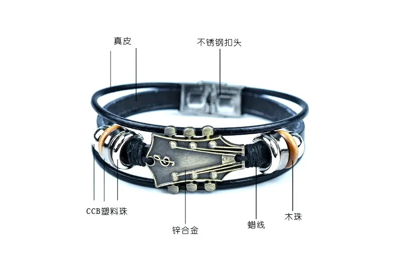 Guitar Headstock Leather Wrap Bracelet for Men Women, Vintage Multi Layer Black PU Leather Wooden Bead Music Note Cuff Wristband, Rock Punk Music Lover Jewelry Gift for Concert Birthday Daily Party