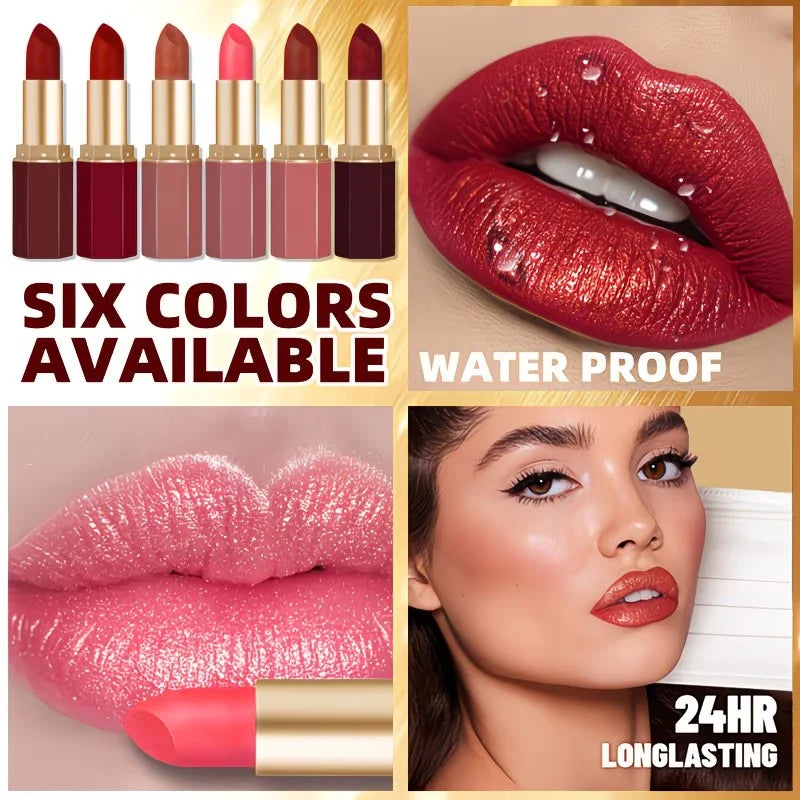 Luxurious 6-Piece Matte Lipstick Set: Long-lasting and highly pigmented, featuring a creamy-smooth texture suitable for all skin tones—perfect for both everyday wear and festive party looks. mbzr