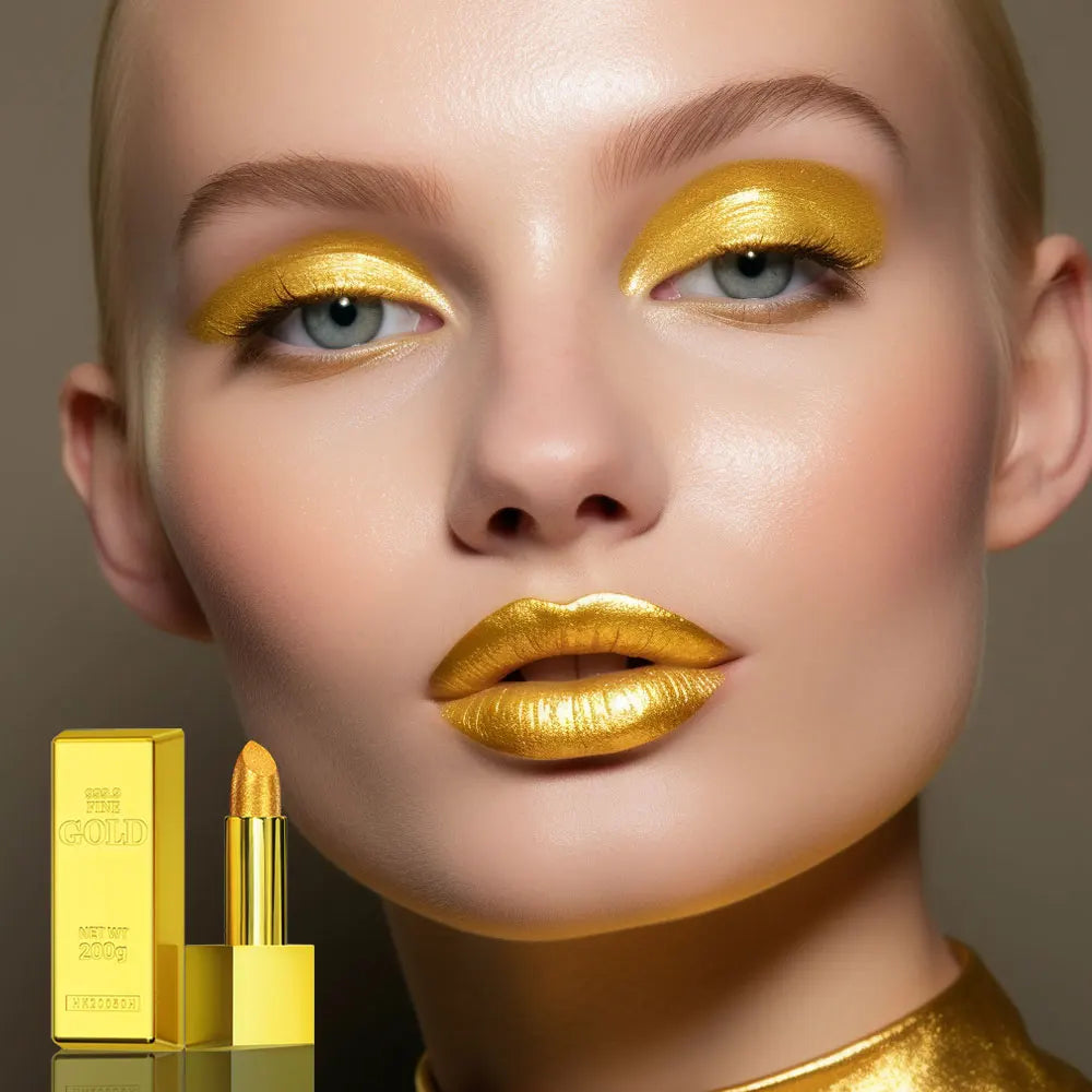 Glitter Shimmer Gold Lipstick Long Lasting Waterproof Cosmetic Gold Brick Tube mbzr
