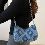 Women's Tote Bag with Star Pattern Blue Distressed Design, Golden-Tone Hardware, Stylish Handbag Shoulder Bag for Everyday Use20 mbzr
