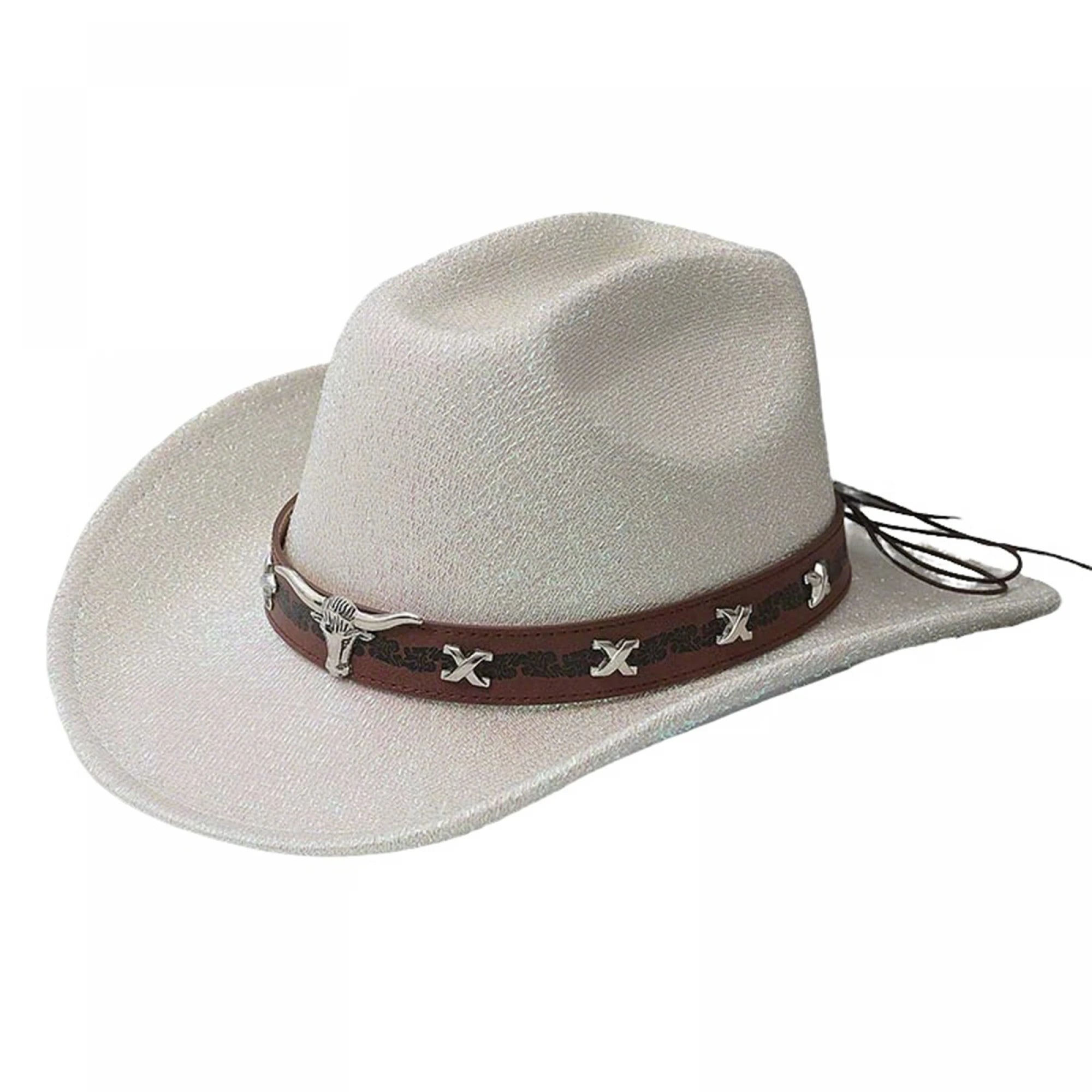 Western Style Glitter Cowgirl Hat with Shining Belt and Cow Head Decor for Outdoors