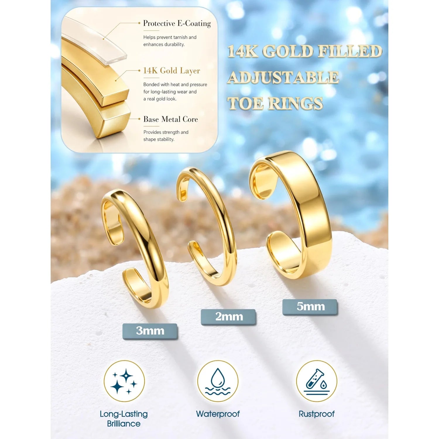 3Pcs Toe Rings for Women Non Tarnish 14K Gold Filled Adjustable Toe Ring Set Daisy CZ Plain Hug Triple Open Band Ring Summer Beach Foot Jewelry for Women