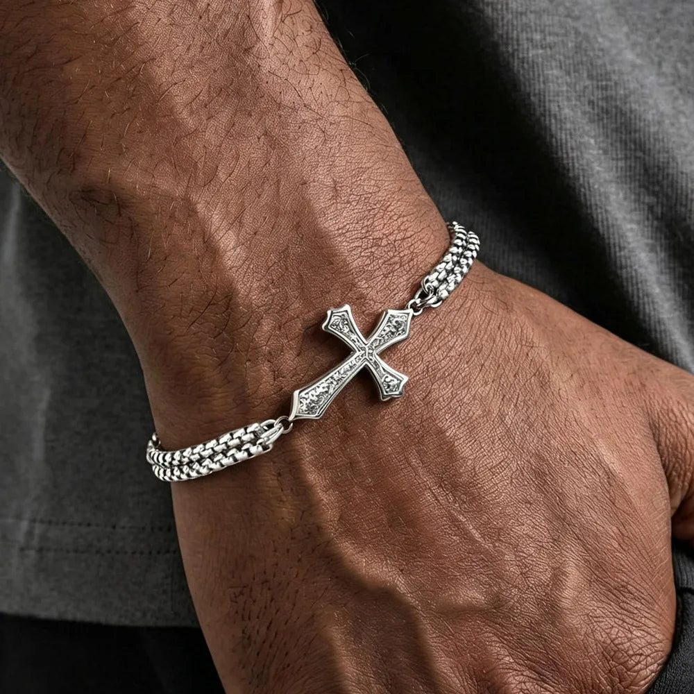 Cross Bracelets Stainless Steel Multi Layer Chain Wristband Casual Jewelry for Men